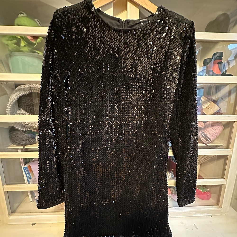 Black Sequin Mini Dress with Shoulder Pads from Forever 21, lined, size M.